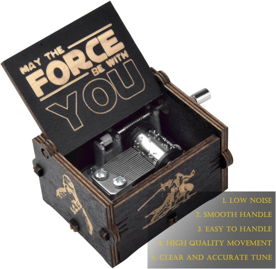 Wood Music Boxes Star Wars Antique Engraved Wooden Musical Box Gifts for Birthday/Christmas/Valentine'S Day/Thanksgiving Days Hand-Operated Present Kid Toys (Black)