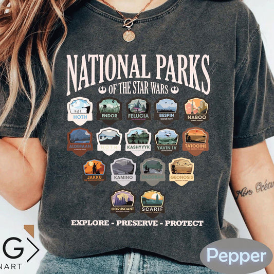 Retro 90S Star Wars Tee, National Parks of the Galaxy Design, Tatooine Mustafar Endor Shirt, May the Force Be with You, Sci-Fi Fan Gift