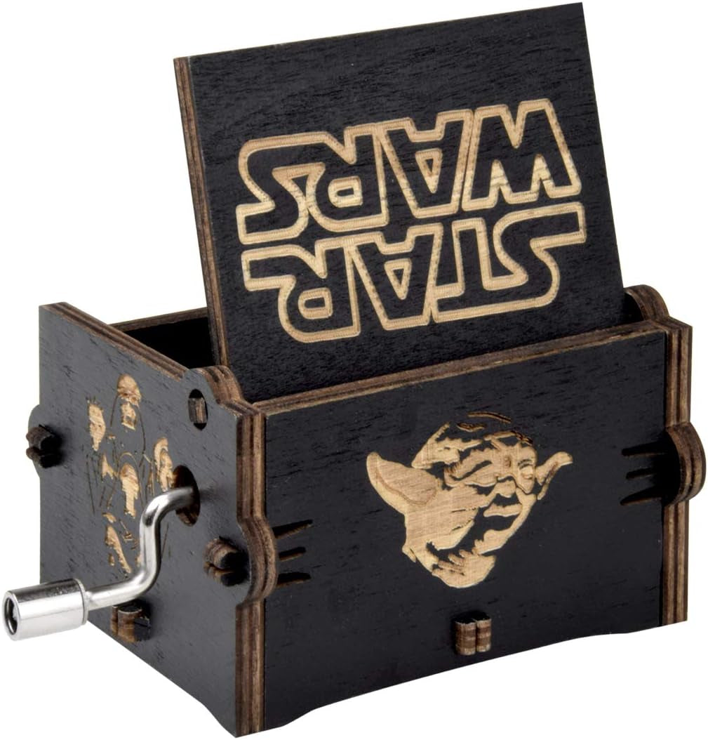Wood Music Boxes Star Wars Antique Engraved Wooden Musical Box Gifts for Birthday/Christmas/Valentine'S Day/Thanksgiving Days Hand-Operated Present Kid Toys (Black)